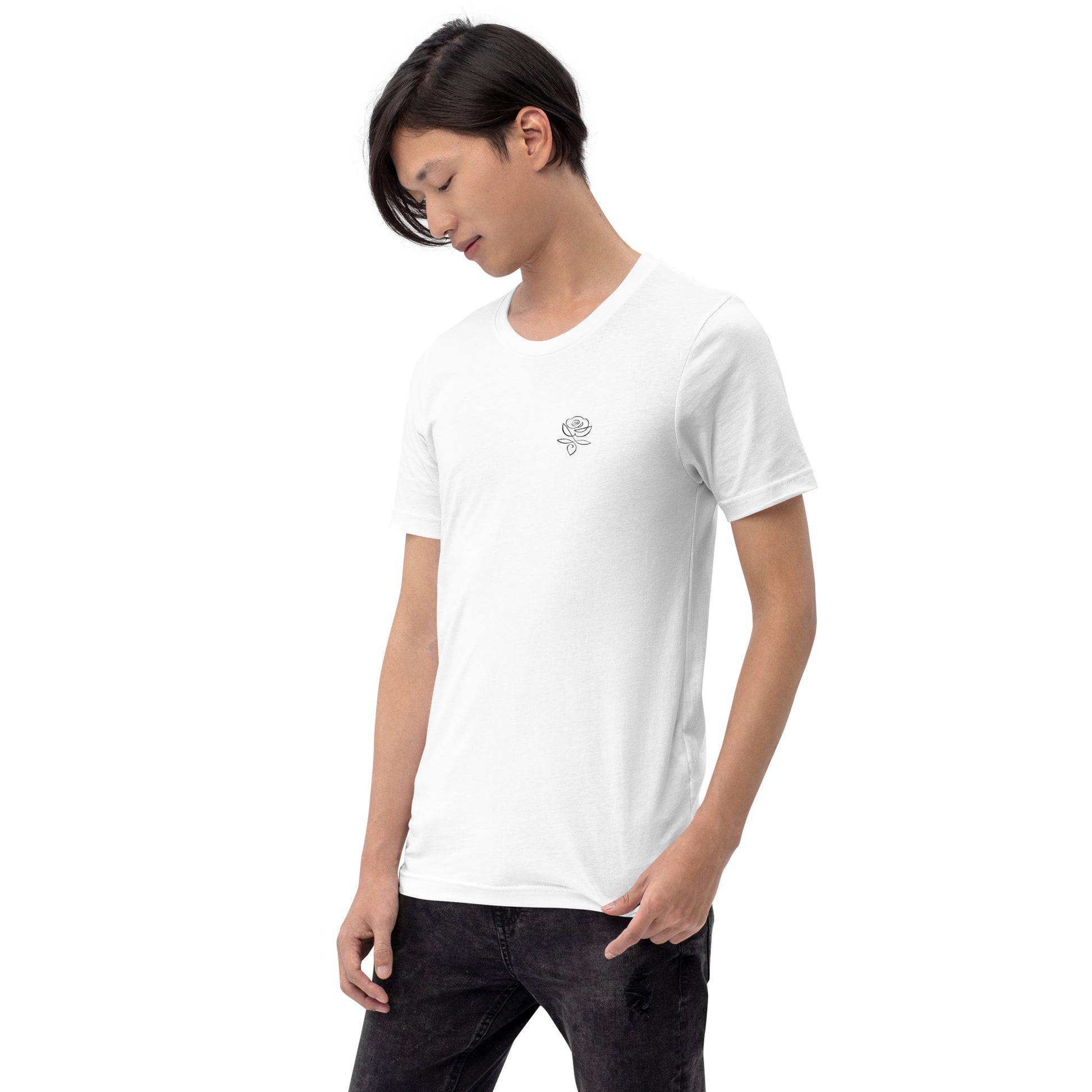 
Mann hellhäutig bekleidet mit T-Shirt mit Rosen  Grafik 