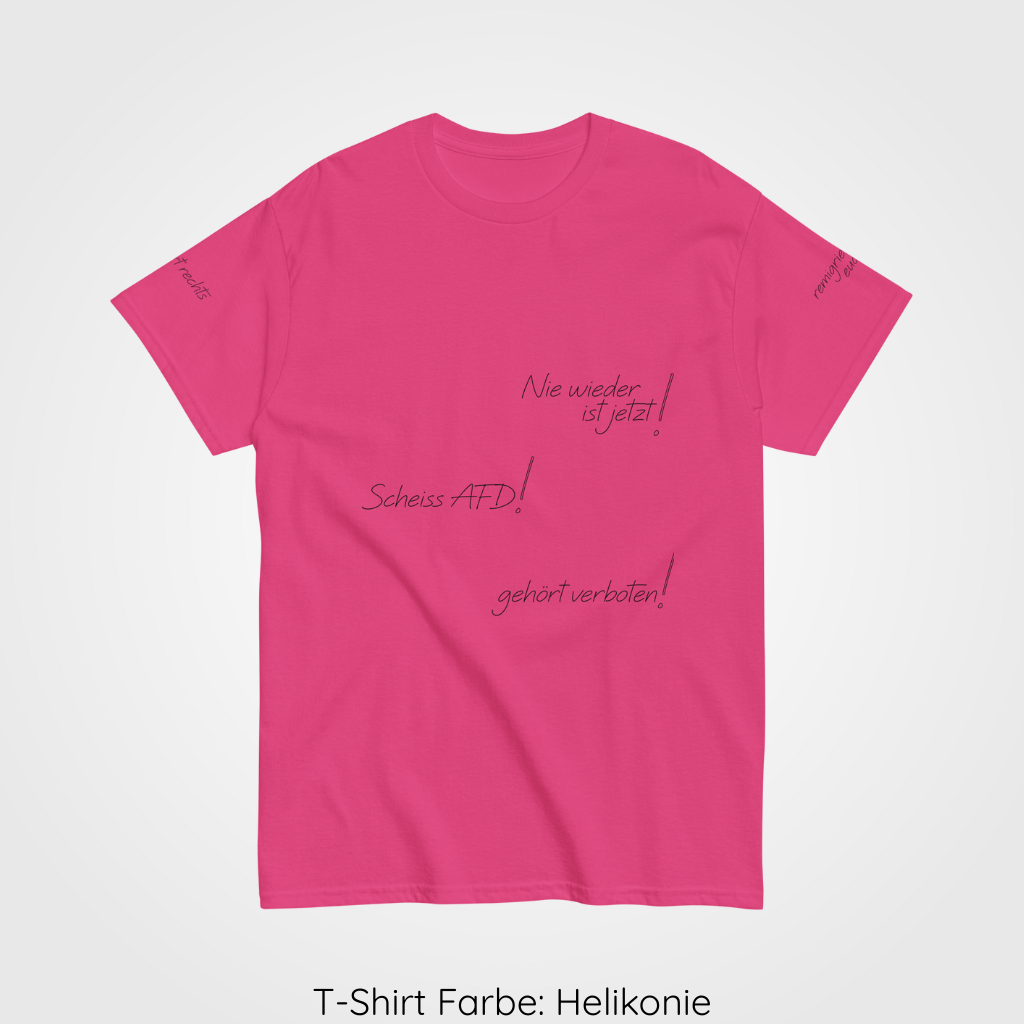 tshirt_heliconia_niewiederistjetzt_front_niewiederistjetzt, Product mockup