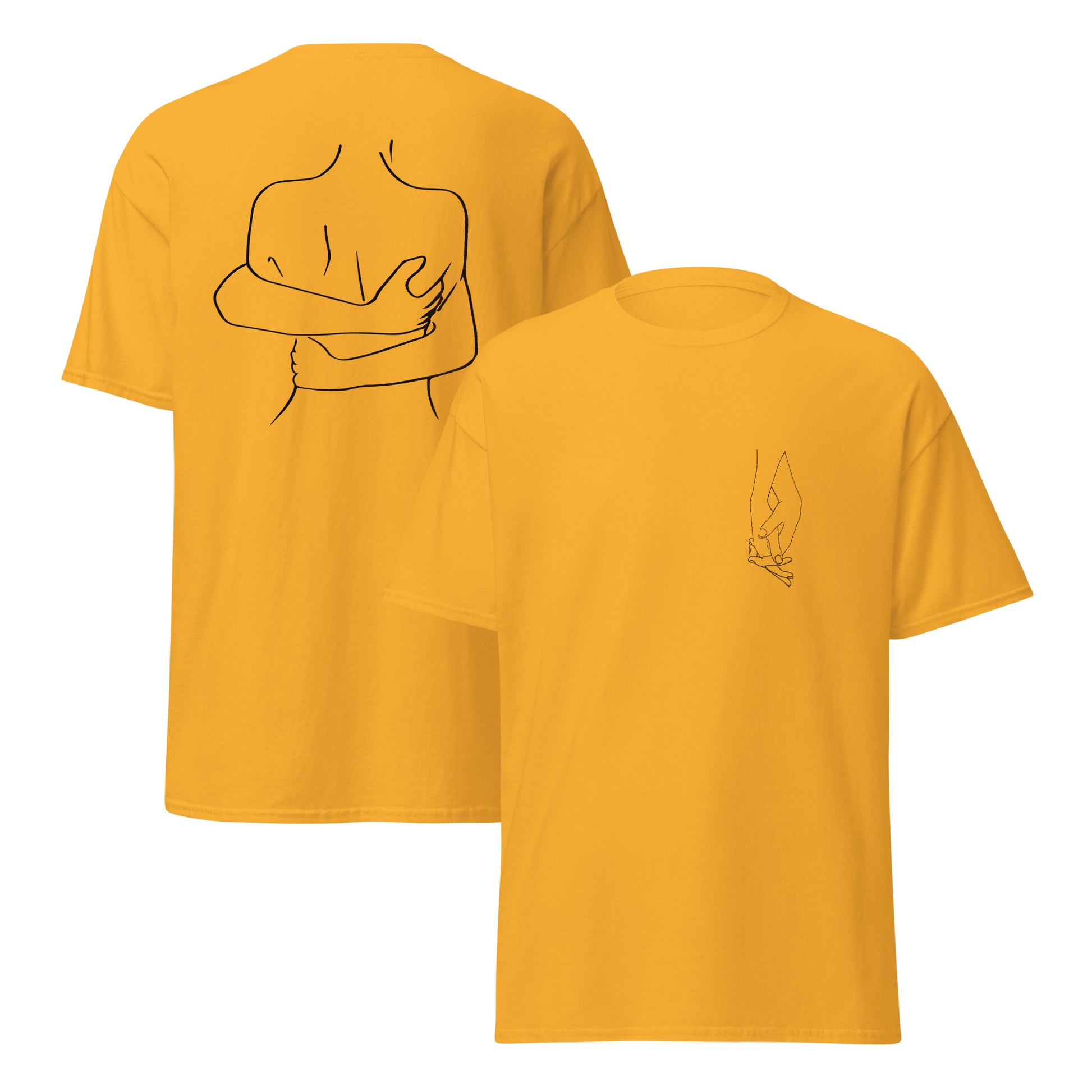 t-shirt gold Umarmung, vorne und hinten, Product mockup