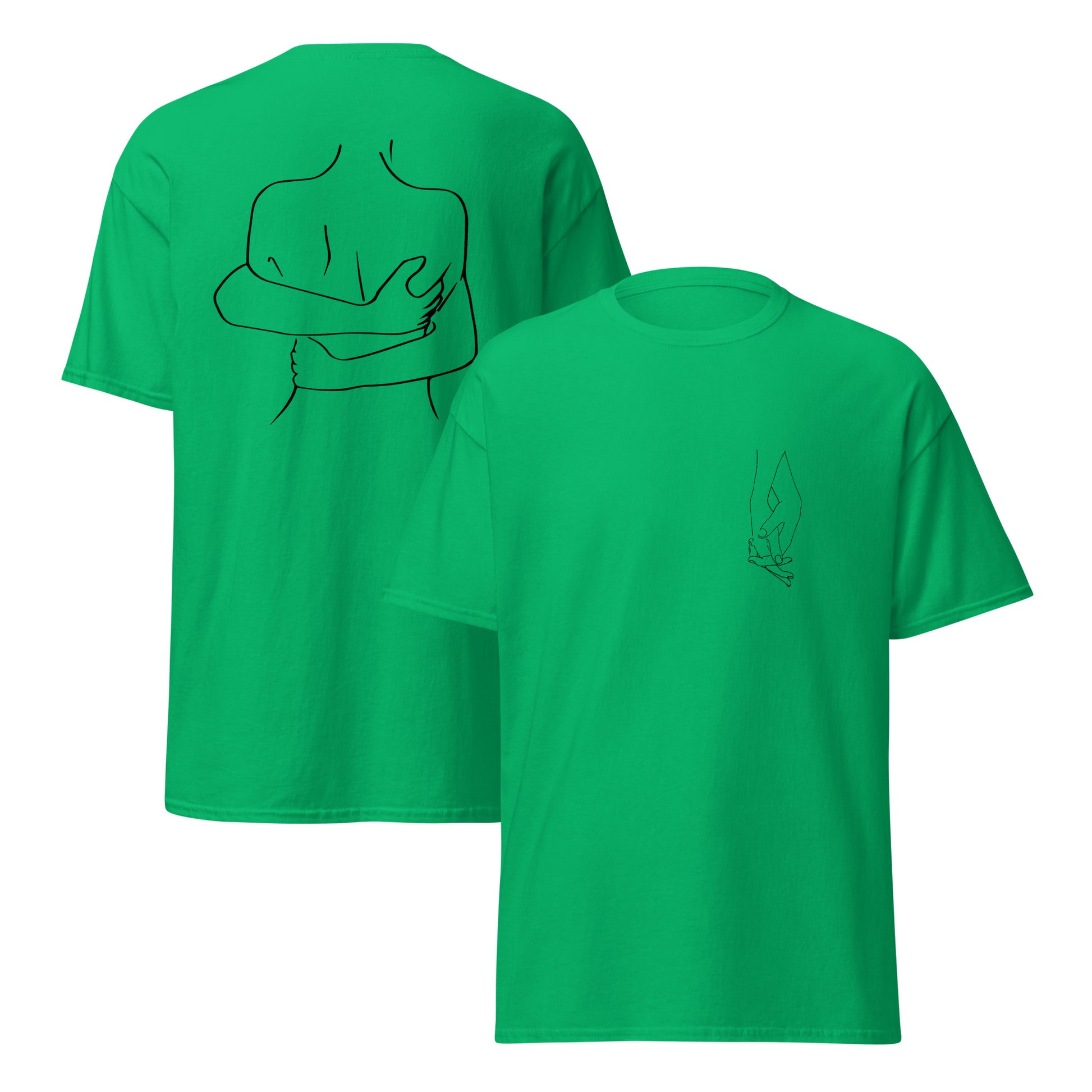 t-shirt irish-green Umarmung, vorne und hinten, Product mockup