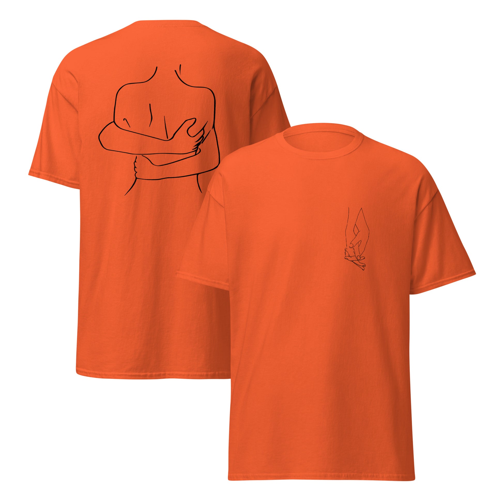 t-shirt orange Umarmung, vorne und hinten, Product mockup